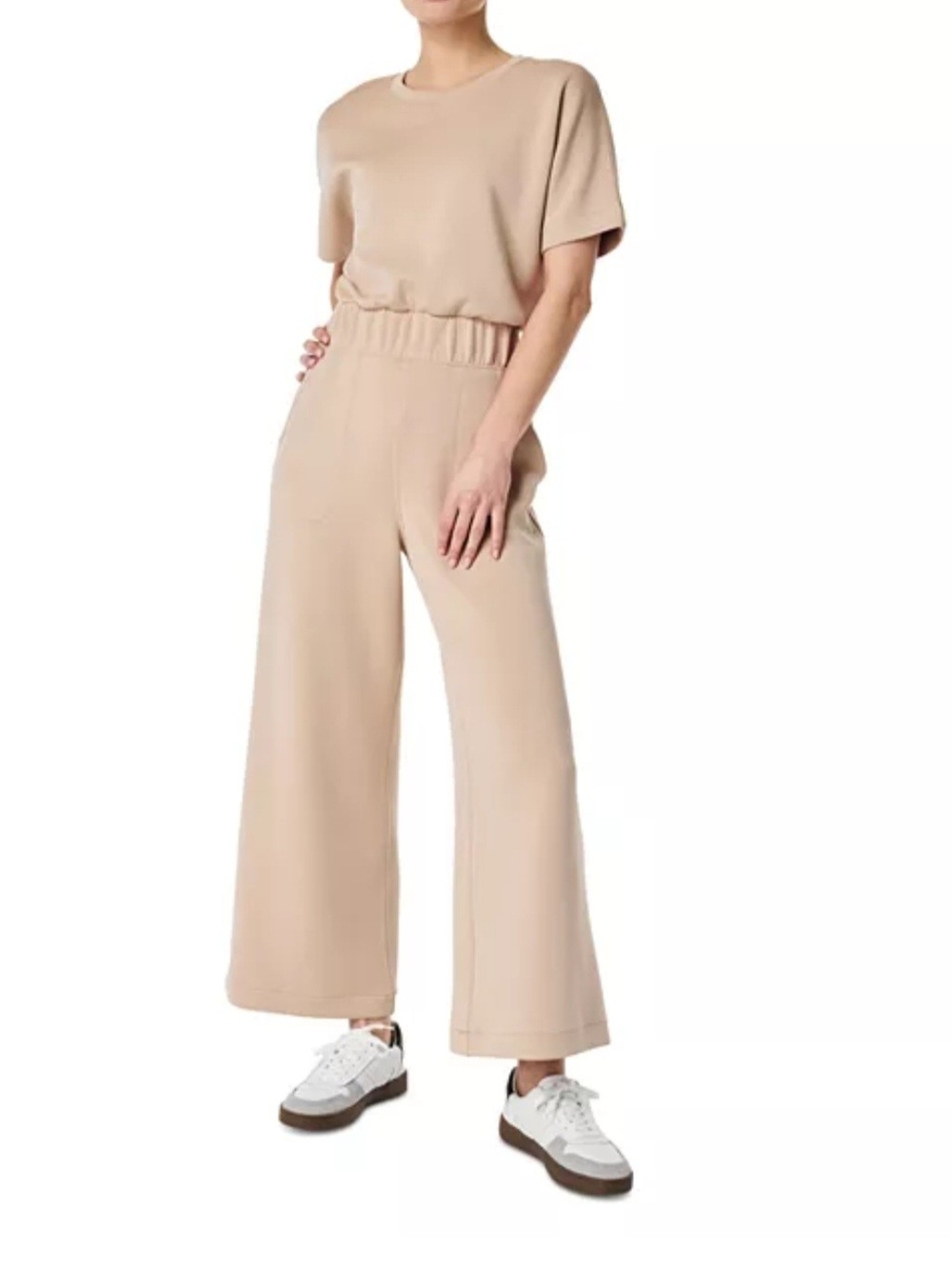 SPANX AirEssentials Crop Wide Leg Jumpsuit Taupe/Biege Women's Size Medium-Tall